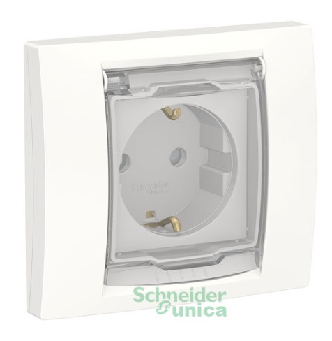 UNICA NEW розетка с заземл., со шторками, с крышкой, IP44, белый