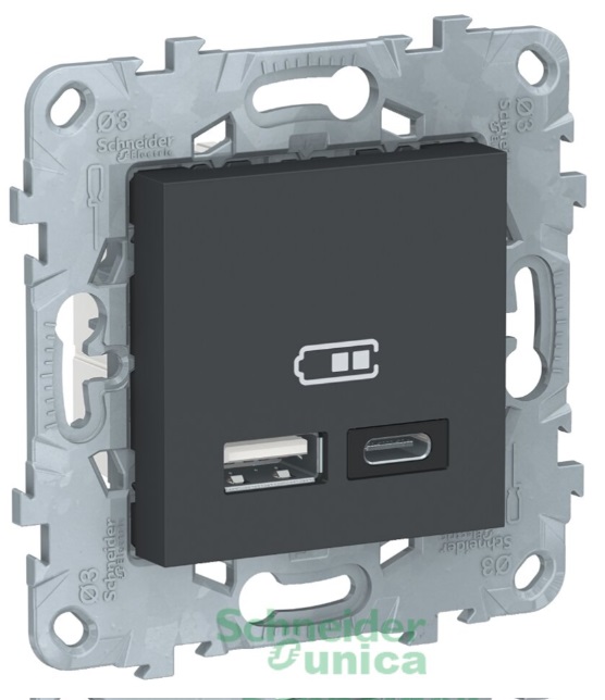 UNICA NEW РОЗЕТКА USB, 2-местная, тип А+С, 5 В / 2400 мА, АНТРАЦИТ